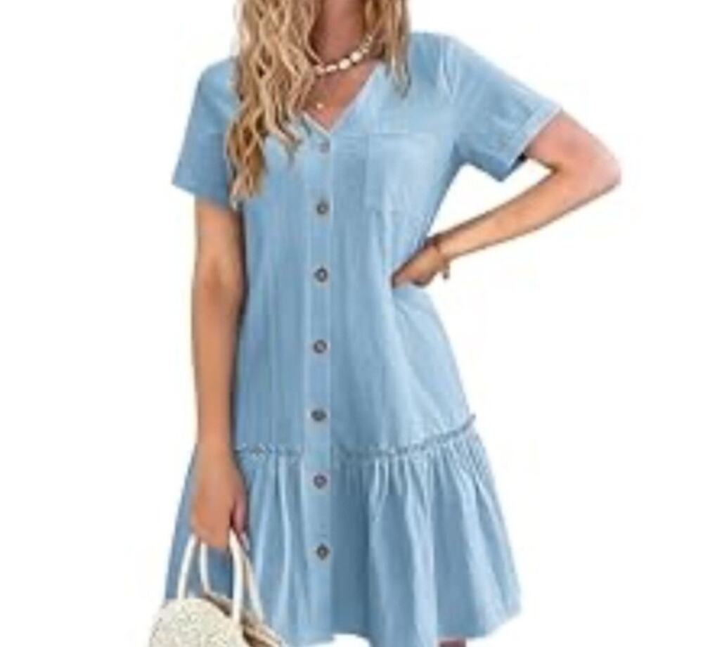 Jane+Delancey Womens Chambray Button Front Ruffle Flounce Hem Dress Size L